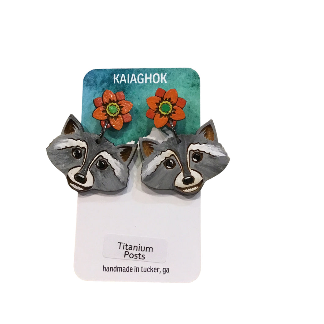 Racoon with Flower Earrings