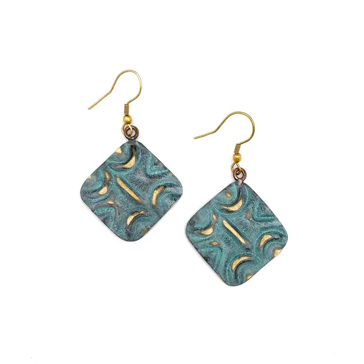 Brass patina earrings - Aqua squares with moons and lines