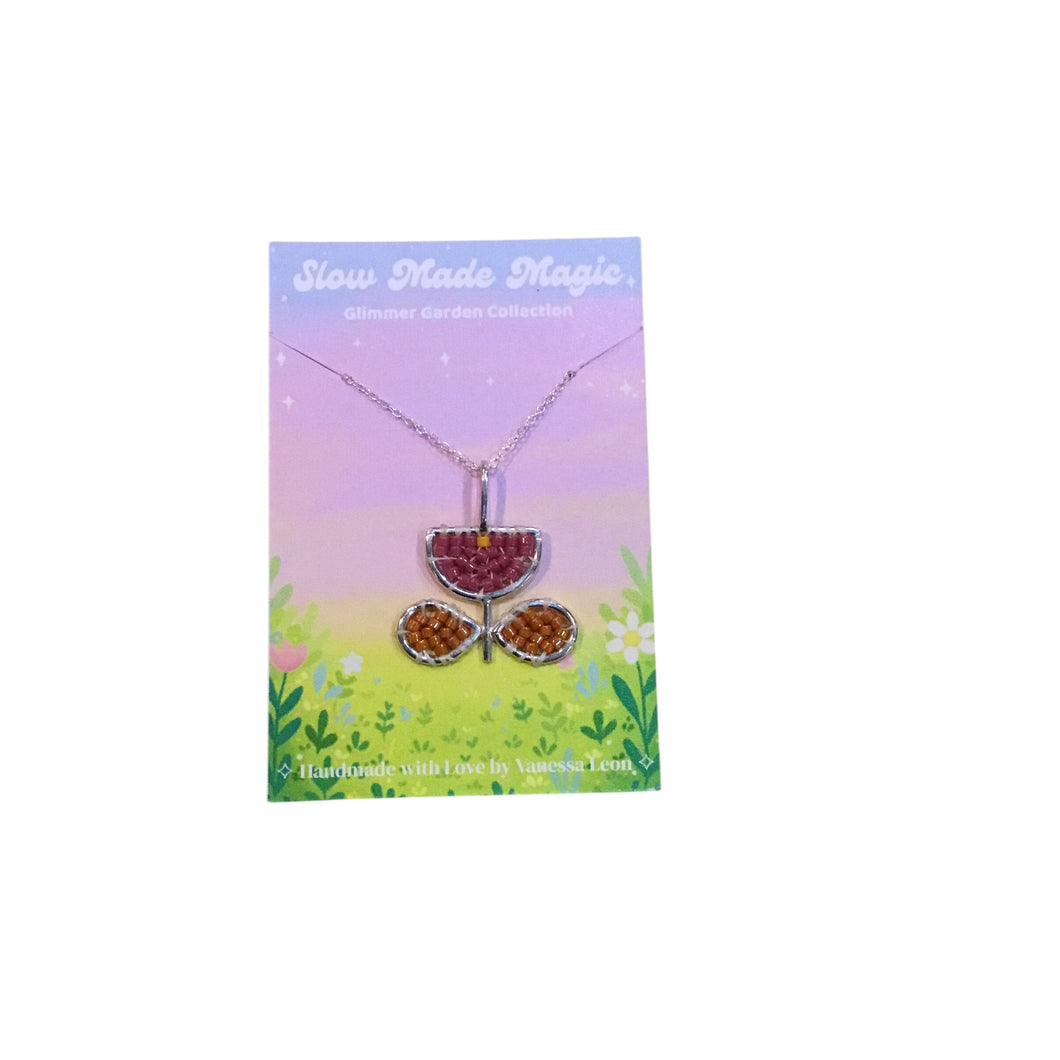 Half Circle Flower Pendant Necklace - Purple and Orange