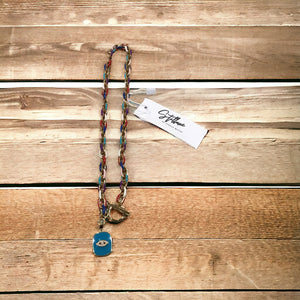 Multicolored enamel and gold stainless steel box chain necklace with aqua evil eye pendant