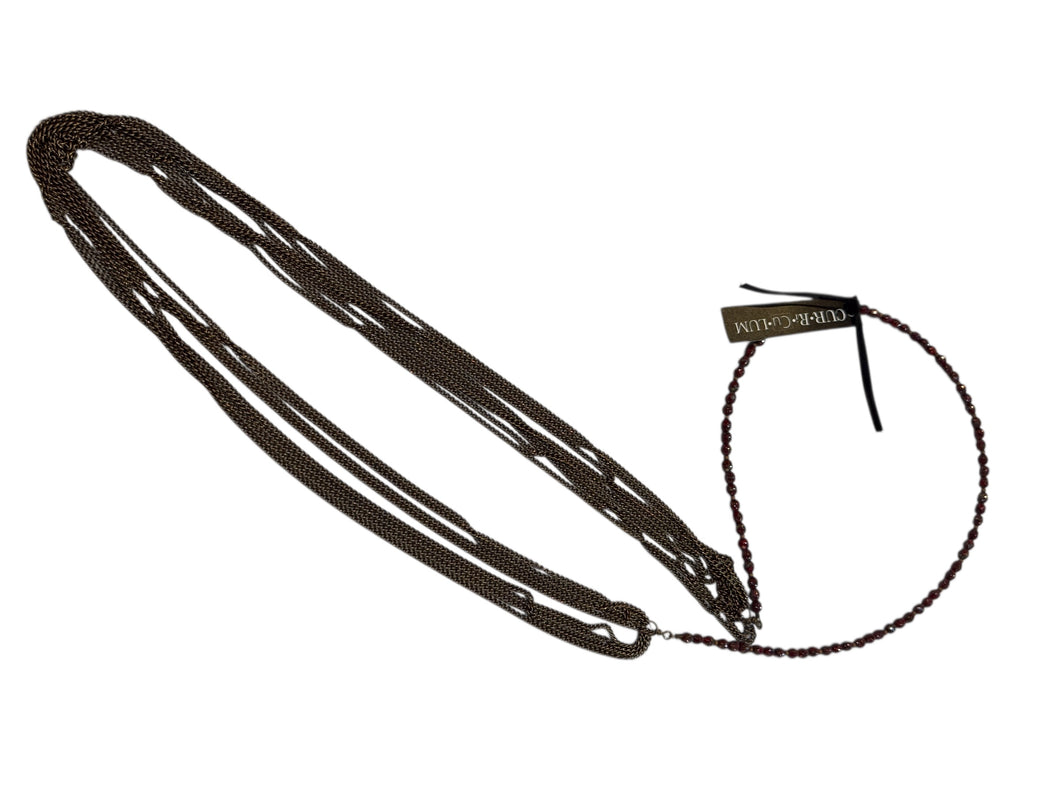 Red Czech Glass in Back with 8 Strands of Brass Chain in Front - Long Necklace