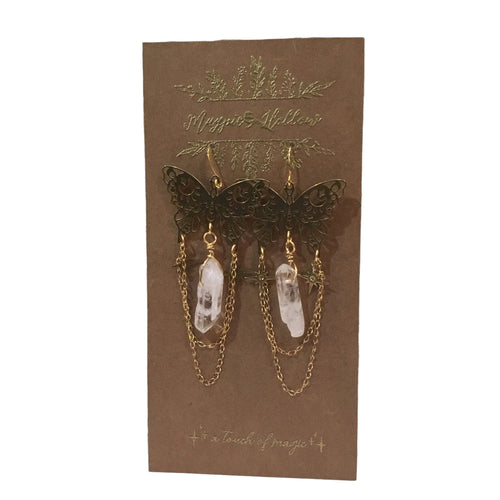 Butterfly and Quartz Earrings with Chain