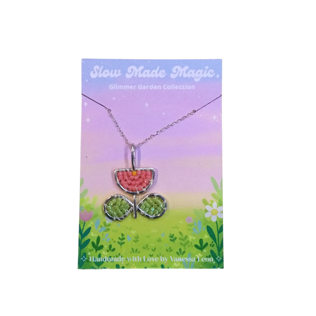 Half Circle Flower Pendant Necklace - Pink and Green