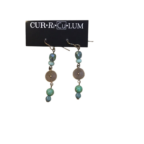 Muted Green With Mini Light Blue Flower Czech Glass Earrings