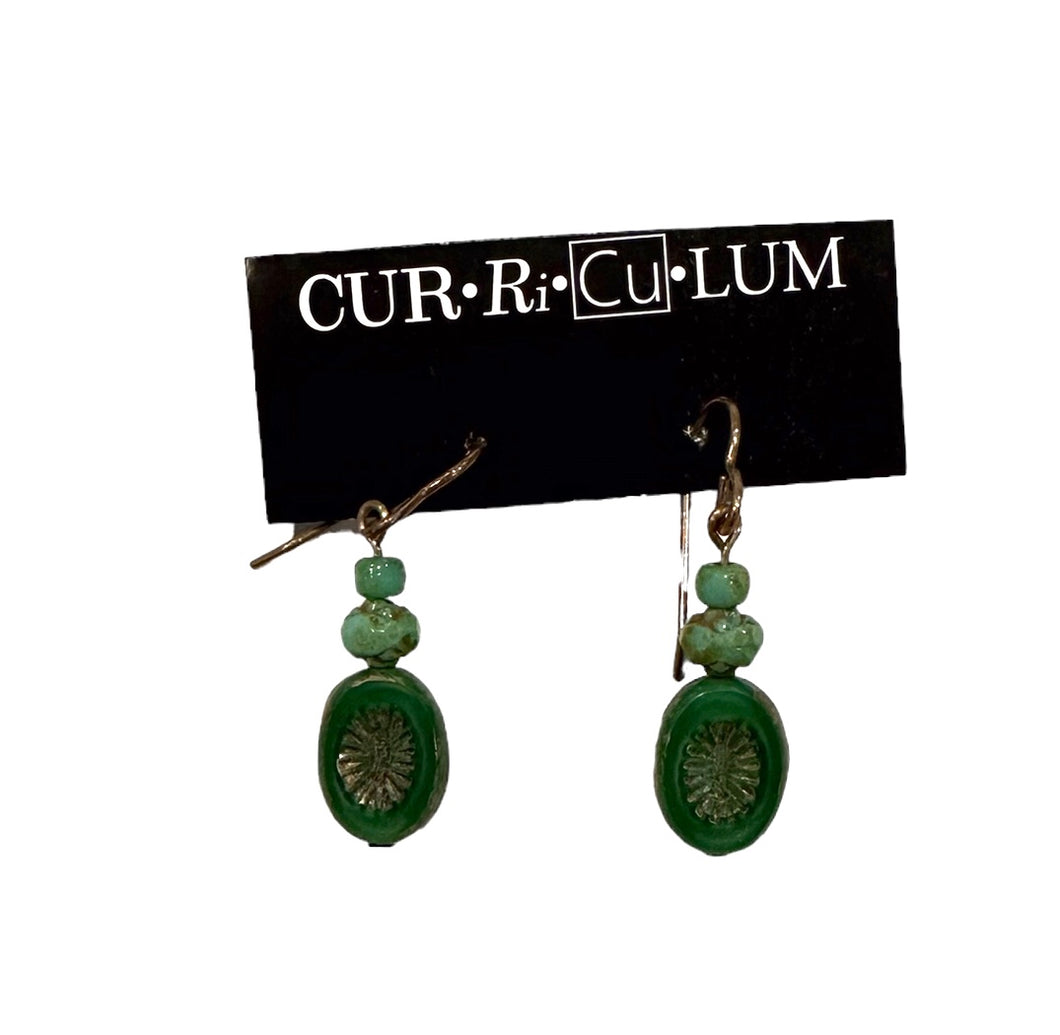 Green Kiwi and Teal Bead Earrings--Czech Glass Beads