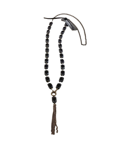 Black rectangle with diamond shape Czech bead necklace with tassel 32
