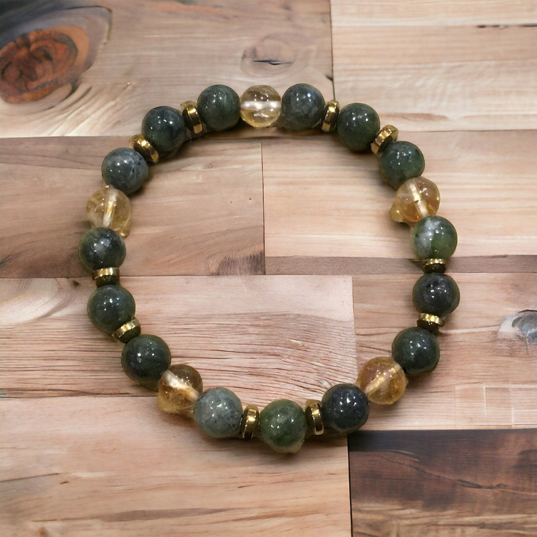 Green Jade & Citrine W/ Gold Spacer Bracelet--8 mm