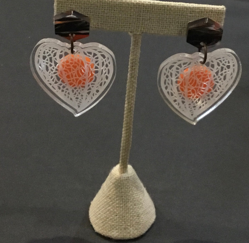 White and Orange Heart Earrings