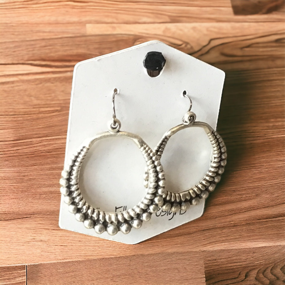 Silver Beaded Open Circle Earrings