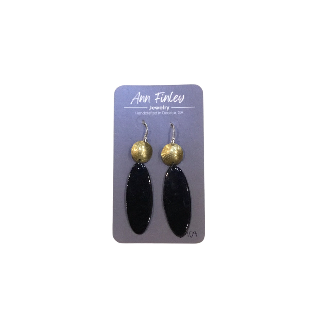 Brass and Black Oval and Dot Earrings