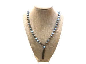 Mint blue & gold Czech glass necklace with tassel 38"