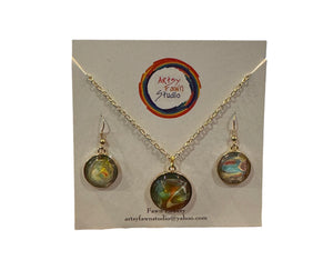 Paint Puddle Glass Necklace & Earring Set--Blue/Yellow/Red