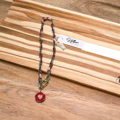Multicolored enamel and gold stainless steel box chain necklace with red heart pendant