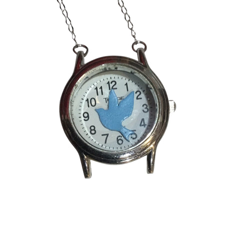 Blue Bird in a Watch Necklace - Square