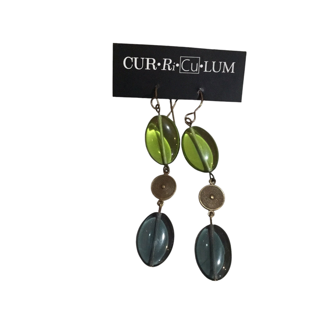 Blue and Green Ovals with Brass Disc Czech Earrings