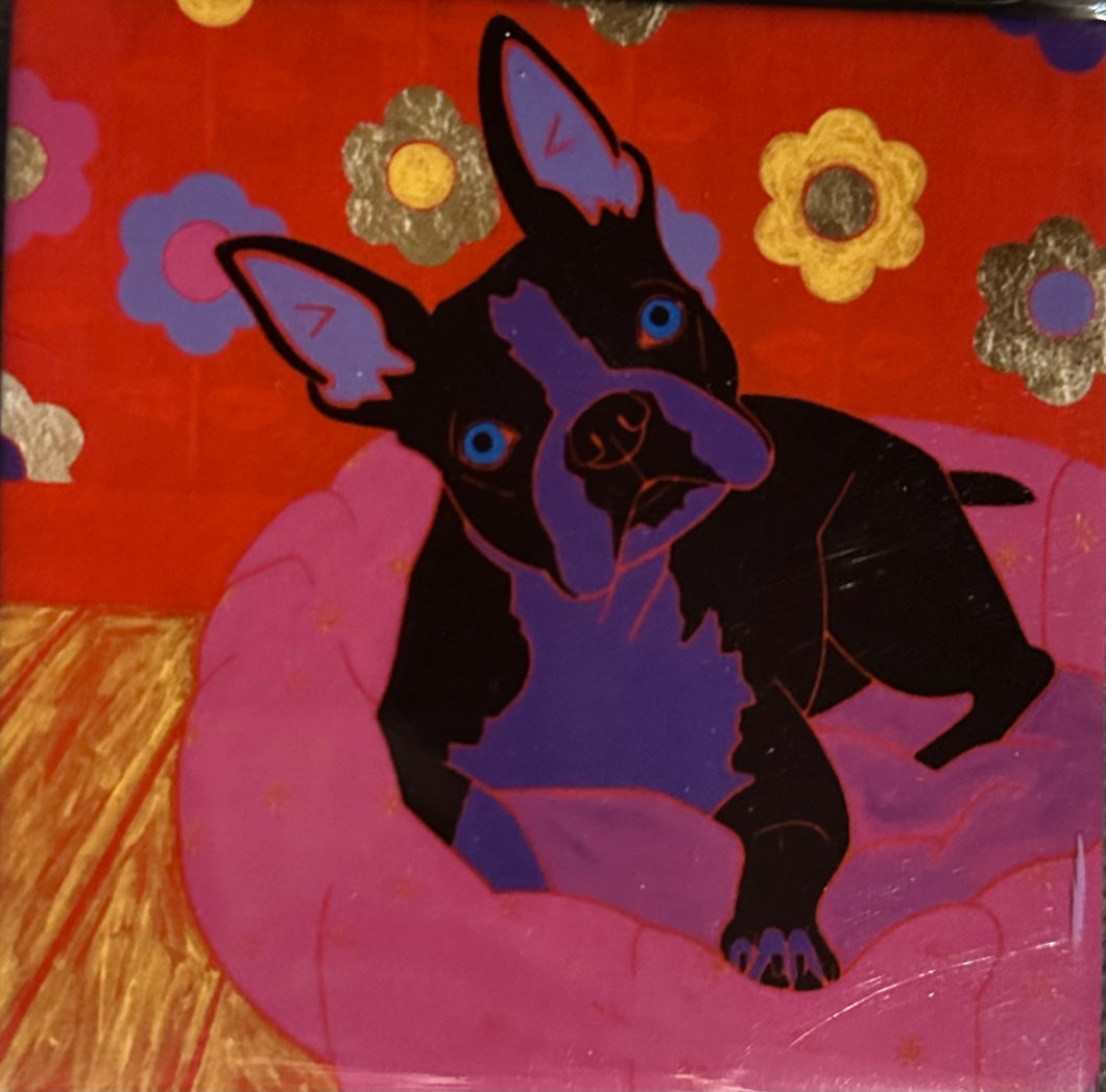 Boston Terrier on Bed (Right) Coaster