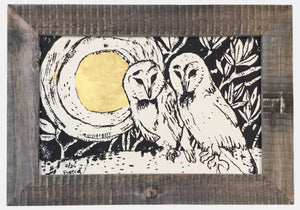 Wood Framed Gold Moon Barn Owls