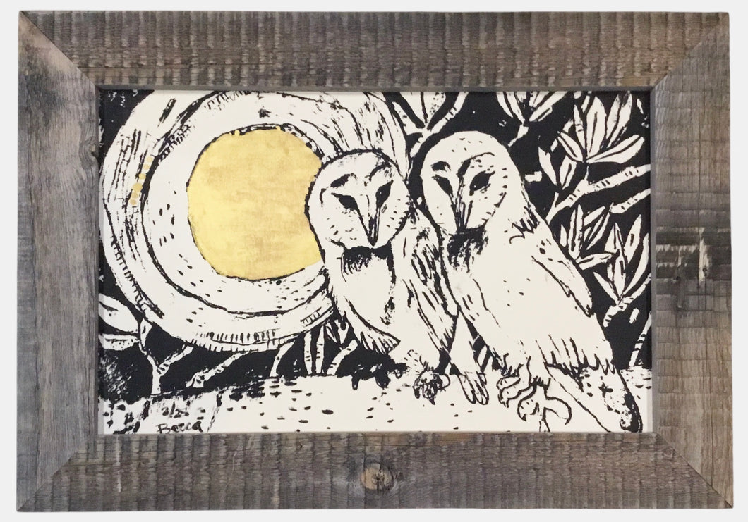 Wood Framed Gold Moon Barn Owls