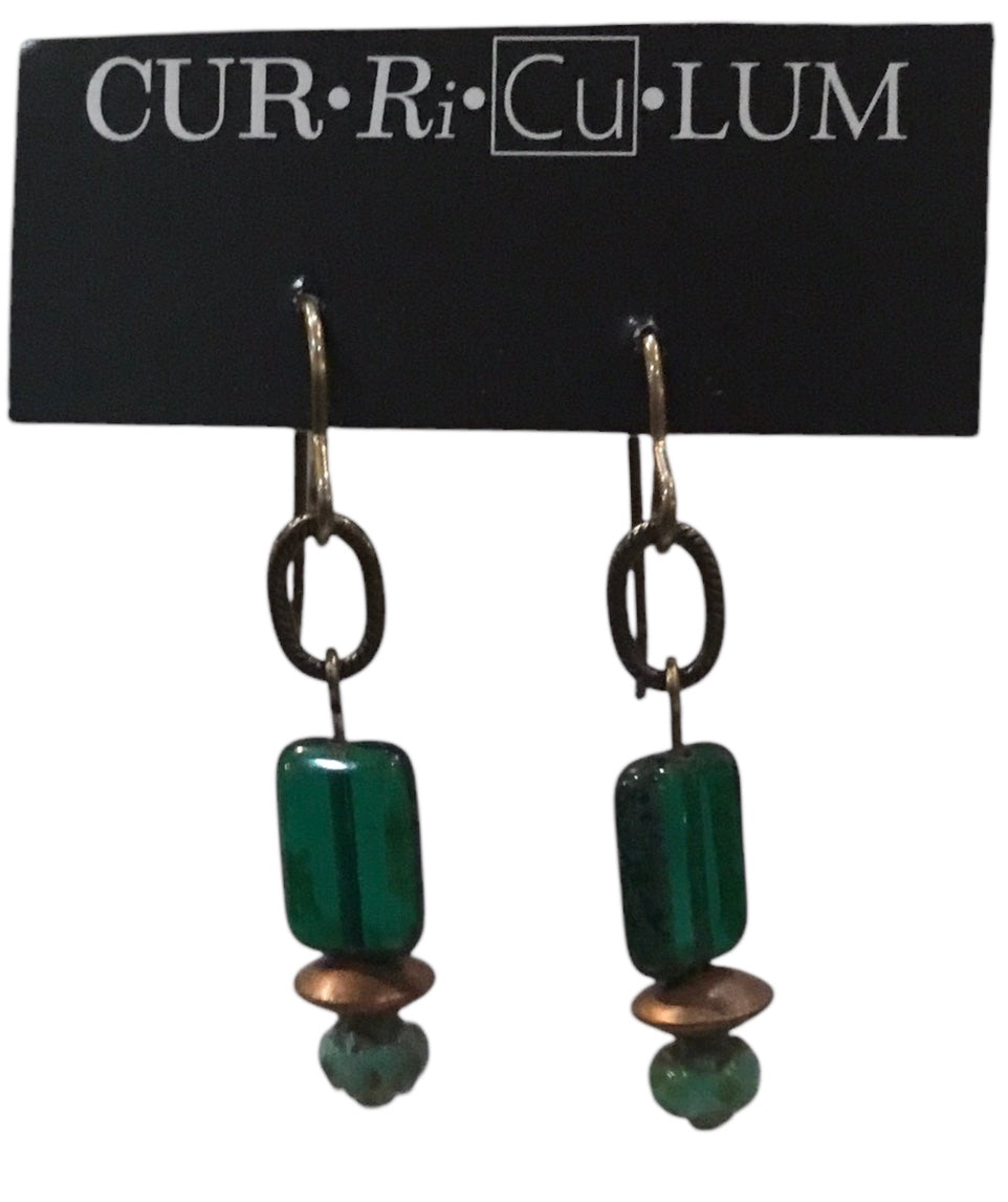 Green Tile Czech Glass with Copper Disk Earrings