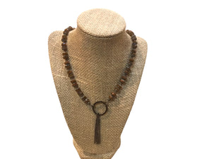 34" Tawny Brown Necklace w/ Ring and Tassel--Czech Glass Beads