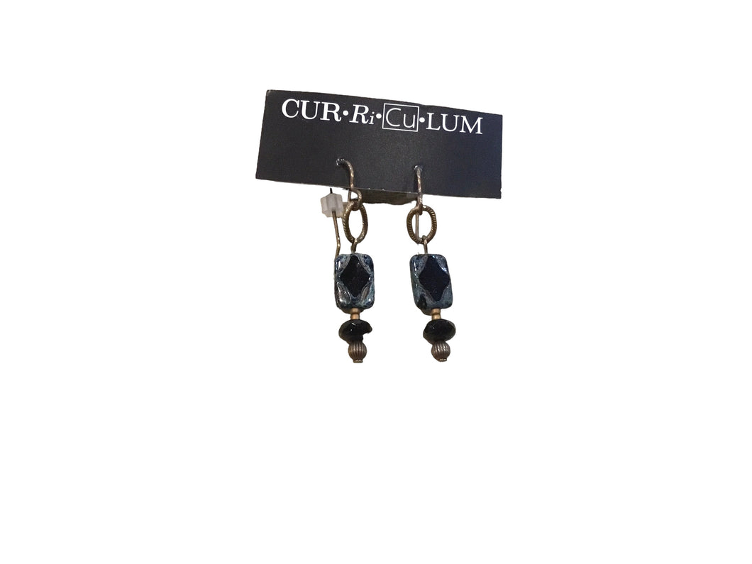 Black rectangle with diamond shape and small black Czech bead earrings