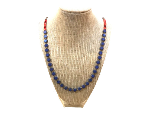 Denim blue & red Czech glass necklace 26