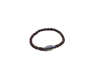 Braided leather bracelet with a large stainless steal magnetic clasp/ Dark brown braid