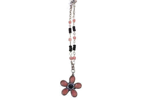 Pink agate black flower necklace