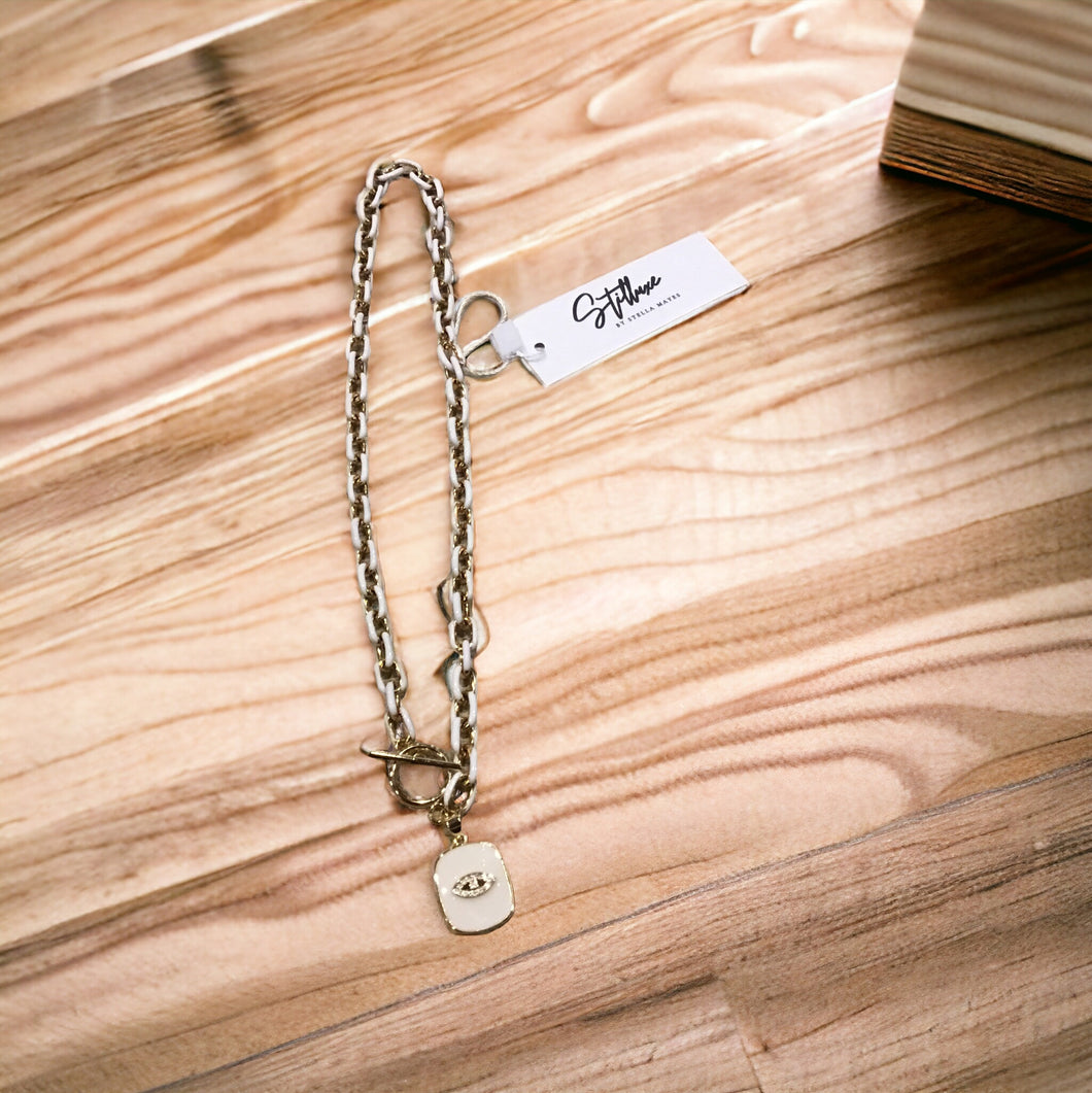 White enamel and gold stainless steel box chain necklace with evil eye pendant