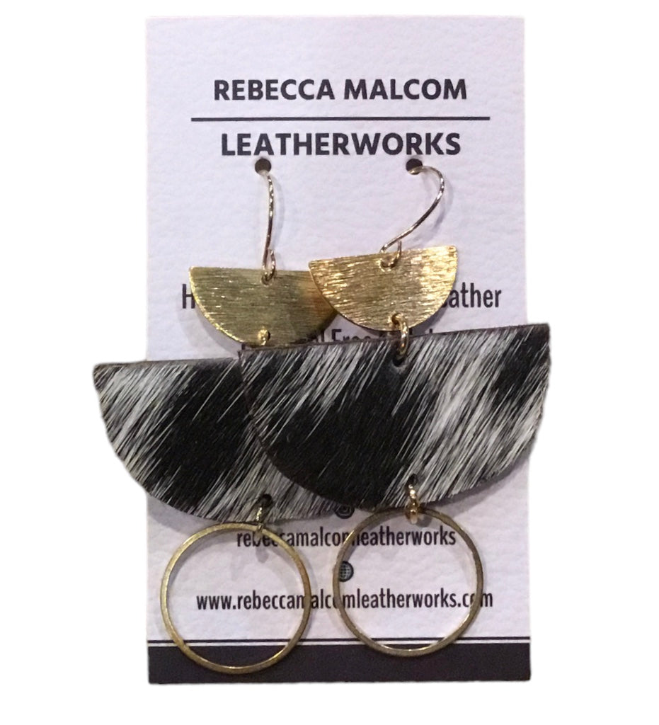 Cowhide Half Moon w/ Brass Accent Earrings