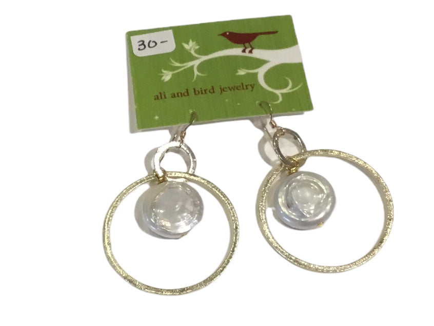 Gold Hoop Earring w/ Pearl Coin