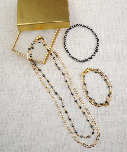 Small gold paperclip chain w hematite chain