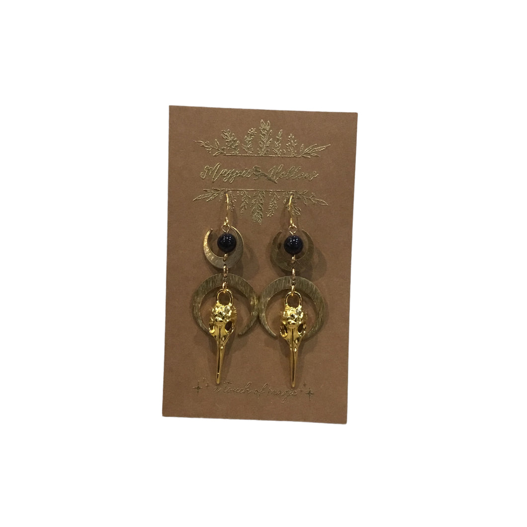 Bird Skull and Moons and Blue Sandstone Earrings
