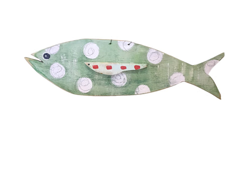 Green/White Dots Wood Fish