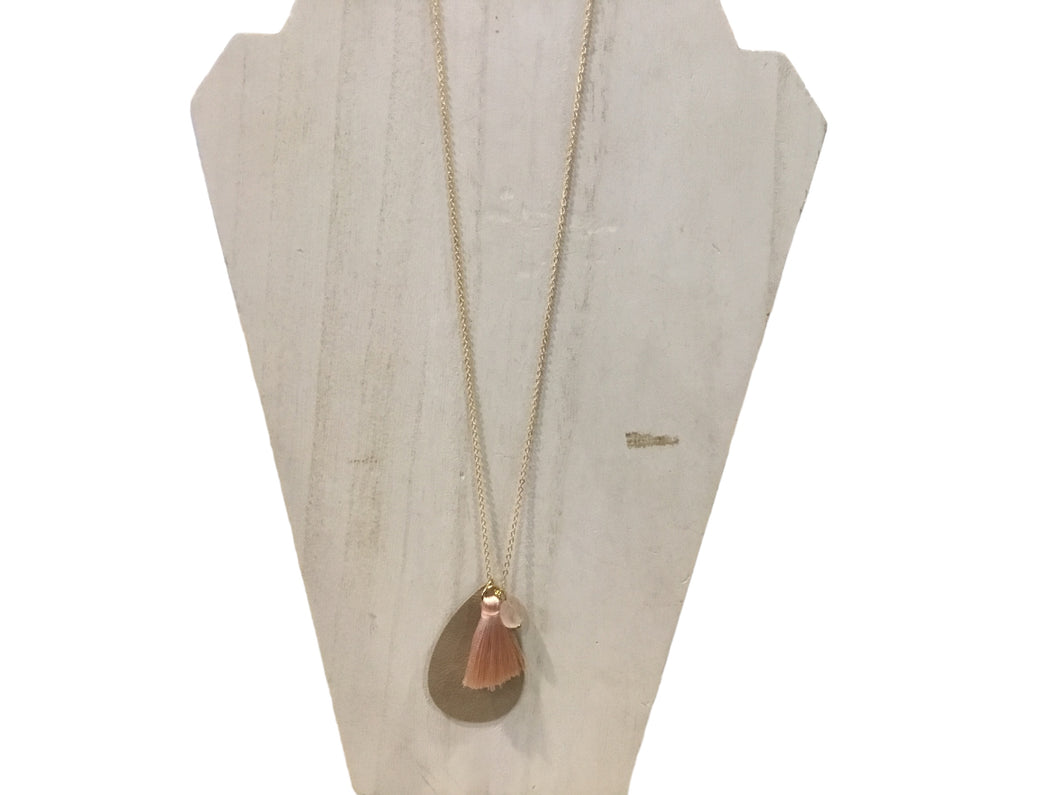 Leather, Tassel, Rose Quartz, and Brass Midi Gemstone Pendant