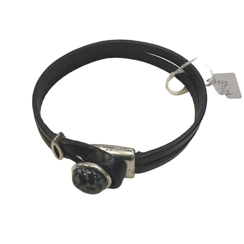 Black Leather Bracelet with Snowflake Obsidian