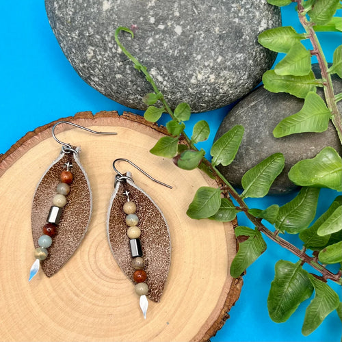 Distressed Brown Petal Earrings with Aqua Terra Jasper
