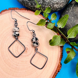 Square Steel Hoop Earrings with Dalmatian Jasper