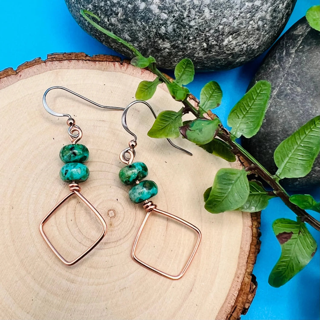 Square Copper Hoop Earrings with Jasper