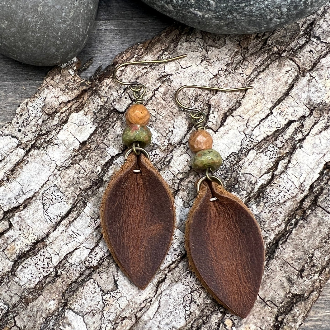 Brown Petal Earrings with Jasper and Unakite