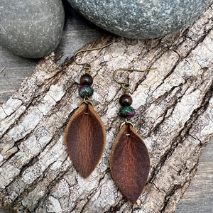 Brown Petal Earrings with Wood and Rudy Zoisite