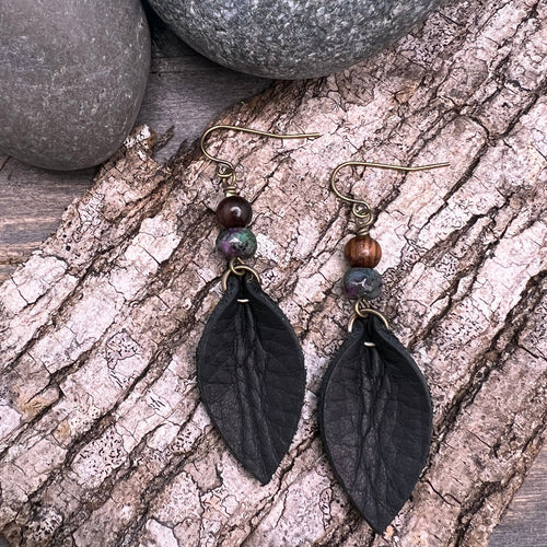 Black Petal Earrings with Wood and Rudy Zoisite