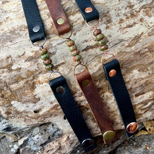 Brown Leather Bracelet with Unakite