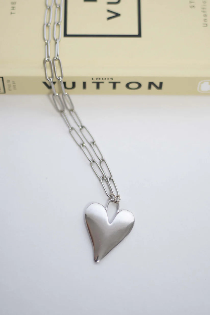 Silver Bold Lock + Heart Necklace 16
