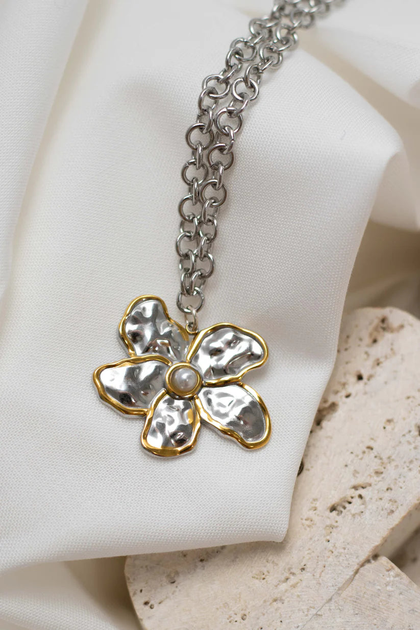 Two Tone Flower Necklace - 16