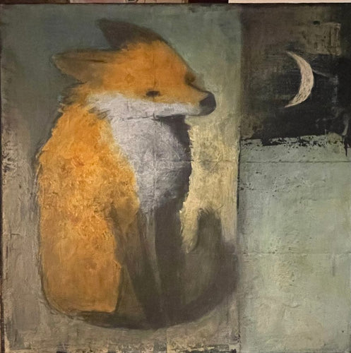 Red fox observes a crescent moon
