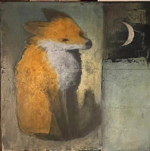 Red fox observes a crescent moon