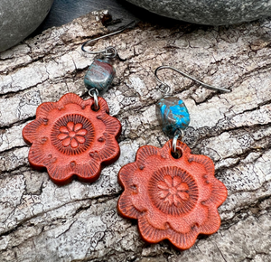 Leather Flower Earrings with Blue Sky Jasper