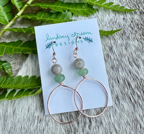 Rose Gold Earrings with Green Aventurine and Feldspar--Large