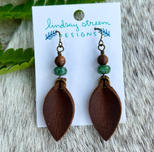 Brown Petal Earrings with Ruby Zoisite and Wood